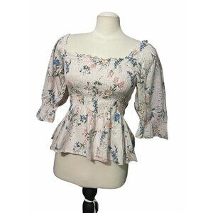 Saylor Smocked Swiss Dot Peasant Blouse Sz Large Pink Floral Shirts Puff Sleeve